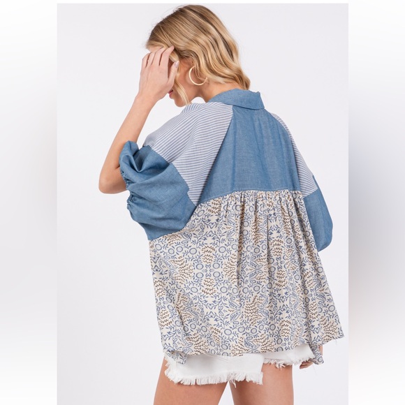 Boho Floral Print Puff Sleeve Tunic Top - Picture 6 of 7